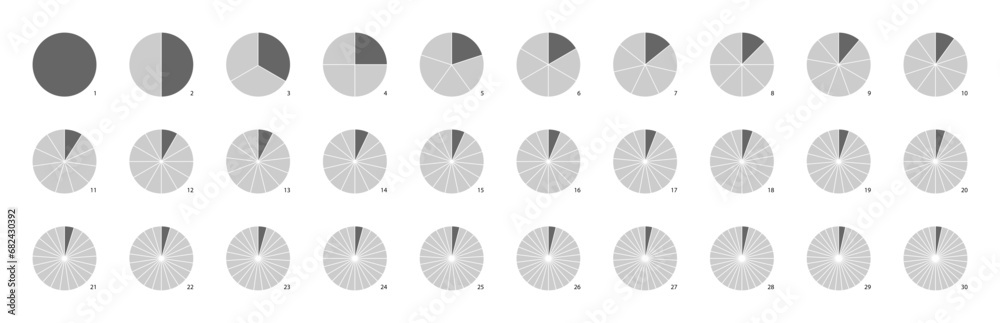 Circle pie chart infographics. Pizza part slice graph vector diagram. Round wheel divide into equal segments. Graphic icon for fraction and division. - obrazy, fototapety, plakaty 