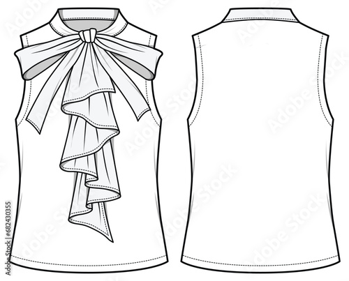 Women sleeveless victorian ruffle bow neck blouse top design flat sketch fashion illustration with front and back view. Casual wear blouse drawing vector template