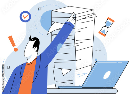 Paperwork. Vector illustration. The paperwork on desk keeps growing Hours are spent dealing with various documents at work The paperwork metaphor illustrates challenges job There is heavy workload
