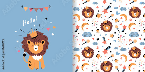 Children's greeting card with a cute lion cub for a baby shower. Seamless background, vector texture for baby bedding, fabric, wallpaper, wrapping paper, textiles and more.