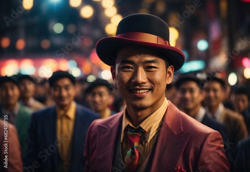 Handsome men suit and bowler hat, surrounded by crowd people on the background photo