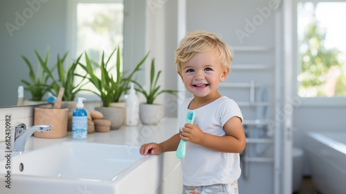 A child is brushing their teeth.