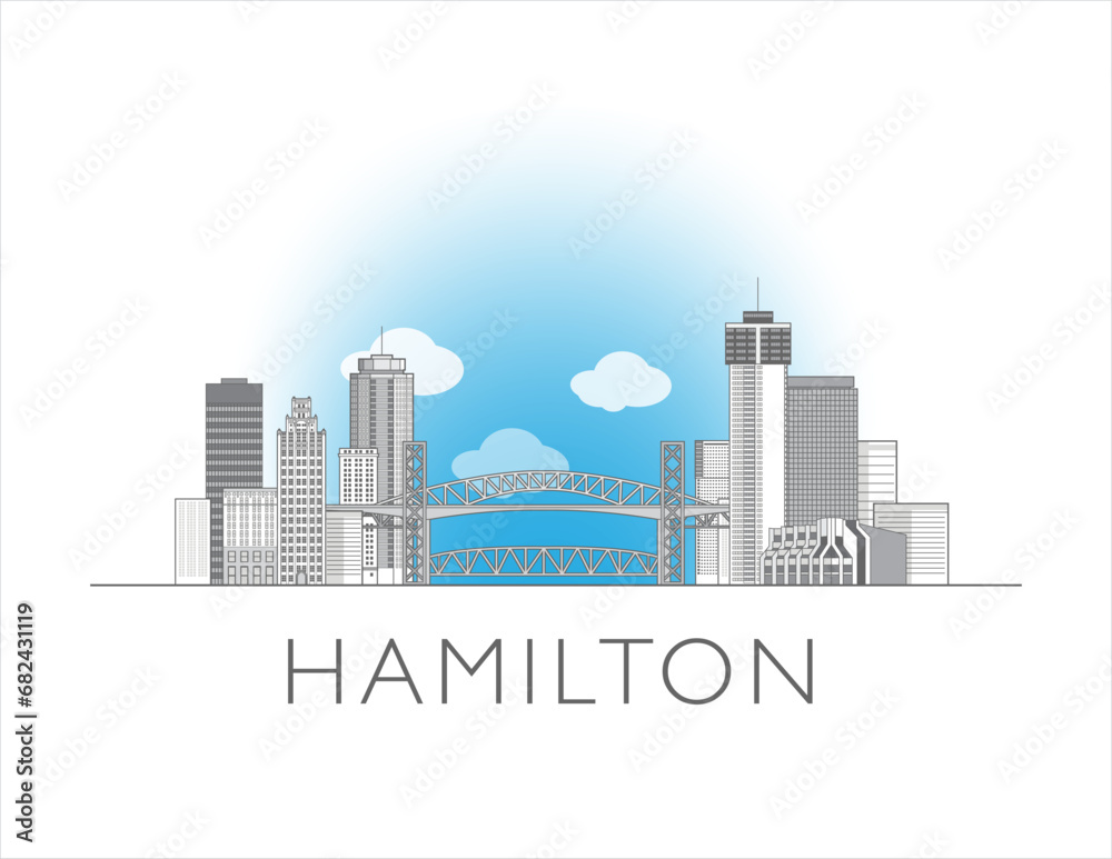 Hamilton, Ontario cityscape line art style vector illustration