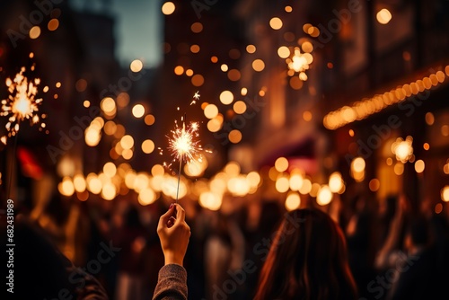 women celebrating happy new year eve with sparkler and bengal light in hand 
