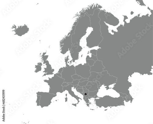 Black CMYK national map of MONTENEGRO inside detailed gray blank political map of European continent on transparent background using Mercator projection