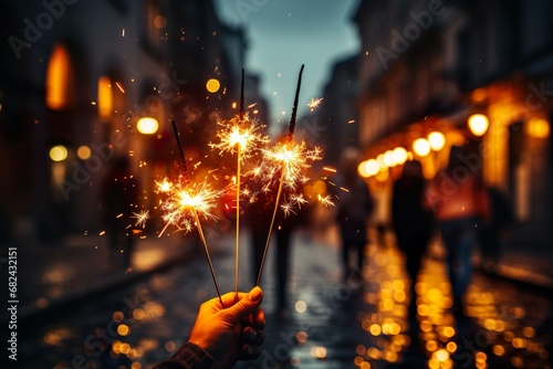 women celebrating happy new year eve with sparkler and bengal light in hand 