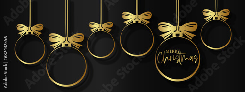 Merry Christmas ornaments decoration holiday celebration greeting card banner vector illustration long - Gold papercut silhouette of golden metallic christmas baubles, isolated on black background wit