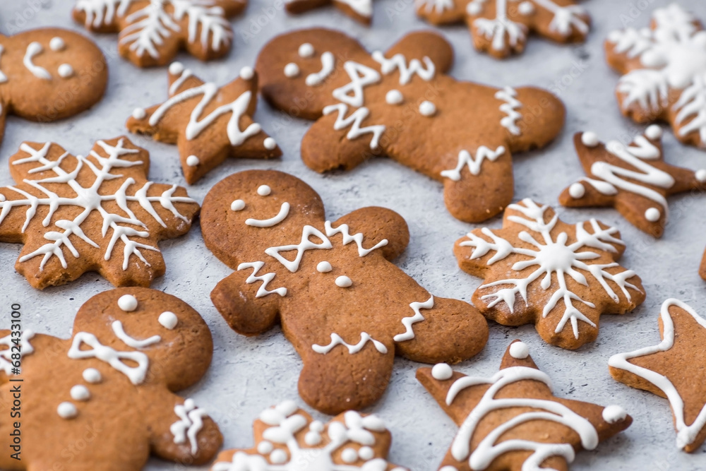 Homemade gingerbread Christmas cookies in icing sugar. Delicious gingerbread cookies on the background of a bokeh of Christmas tree lights. Freshly baked Christmas gingerbread cookies. Homemade gingerbread Christmas cookies in icing sugar. Delicious gingerbread cookies on the background of a bokeh of Christmas tree lights. Freshly baked Christmas gingerbread cookies.