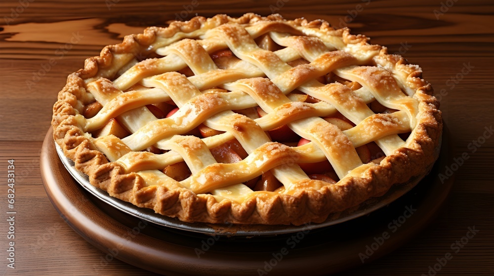 A classic apple pie, adorned with a lattice crust and a golden-brown finish A classic apple pie, adorned with a lattice crust and a golden-brown finish