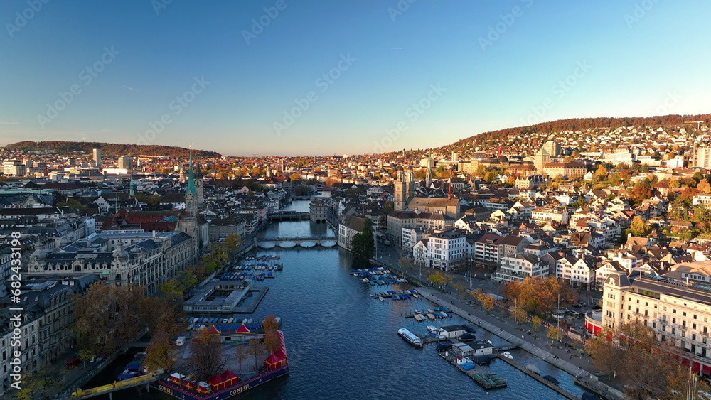Obraz premium Aerial view of old town Zurich, Limmat river and lake Zurich on a fall day in Switzerland largest city.