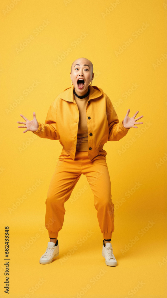 Young asian man in yellow hoodie with headphones on yellow background. Young asian man in yellow hoodie with headphones on yellow background.