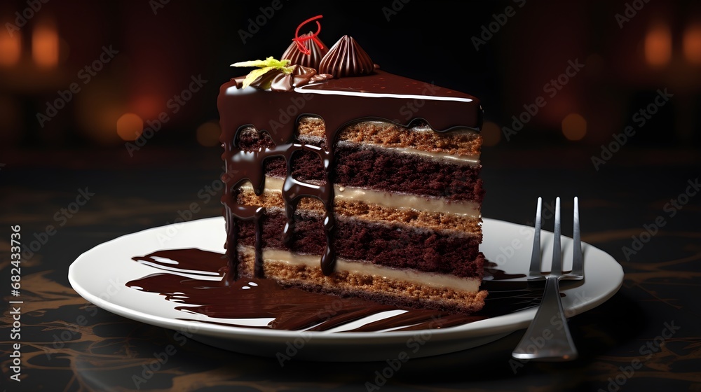 Decadent layers of moist chocolate cake adorned with glossy ganache - obrazy, fototapety, plakaty 