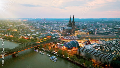 4k Aerial view of cityscape of Cologne, Germany, Europe. Cathedral Church photo