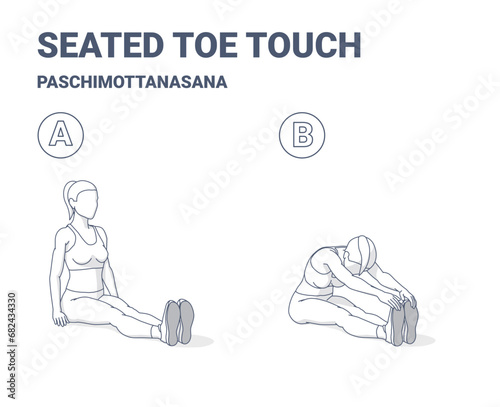 Seated Toe Touch Woman Exercise Black and White Outlined Guidance