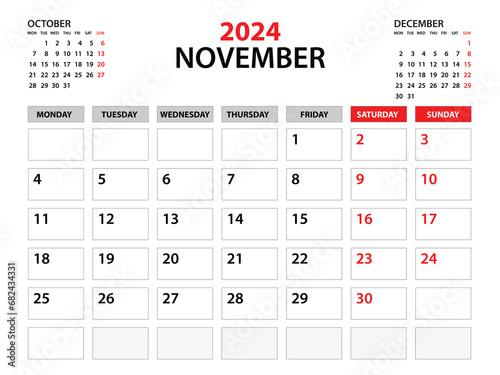 Calendar 2024 template, November 2024 year, planner template, monthly and yearly planners, week start monday, wall calendar design, corporate planner, Desk calendar 2024, printing, vector