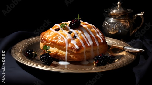 Traditional Eccles cake filled with spiced currants and wrapped in flaky pastry photo