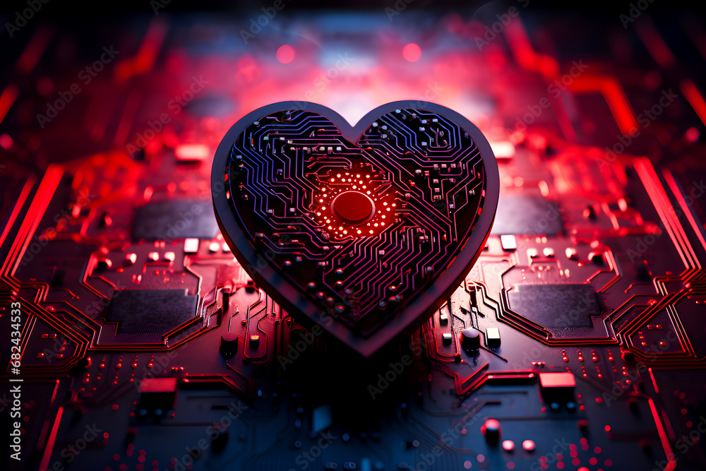heart-shaped electronic circuit on a motherboard, with red lights and intricate patterns, representing a blend of technology and emotion - obrazy, fototapety, plakaty 
