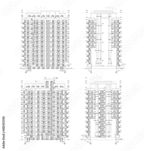 Multistory building detailed architectural technical facade drawing, vector blueprint	
