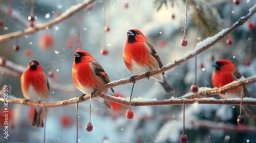 Beautiful bright red-breasted bullfinches sit on snow-covered branches with red berries, it's snowing on a blurry festive background. Winter and Christmas symbols and signs, holiday banner, postcard