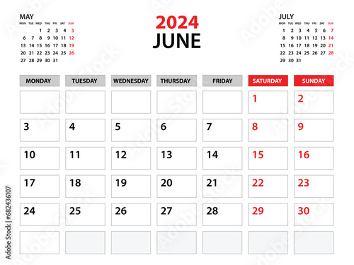 Calendar 2024 template, June 2024 year, planner template, monthly and yearly planners, week start monday, wall calendar design, corporate planner, Desk calendar 2024, printing, vector