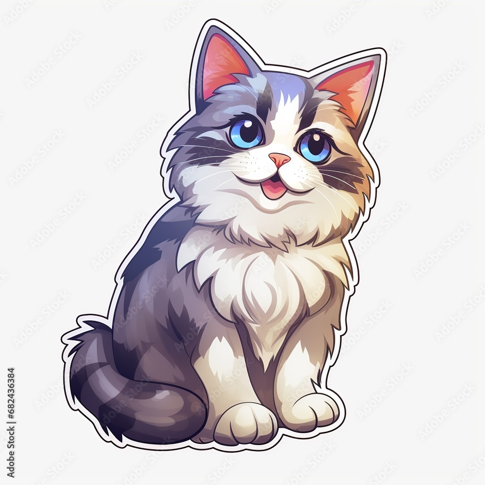 cute cat, Sticker, Delighted, Secondary Color, Digital Art, Contour, Vector, White Background