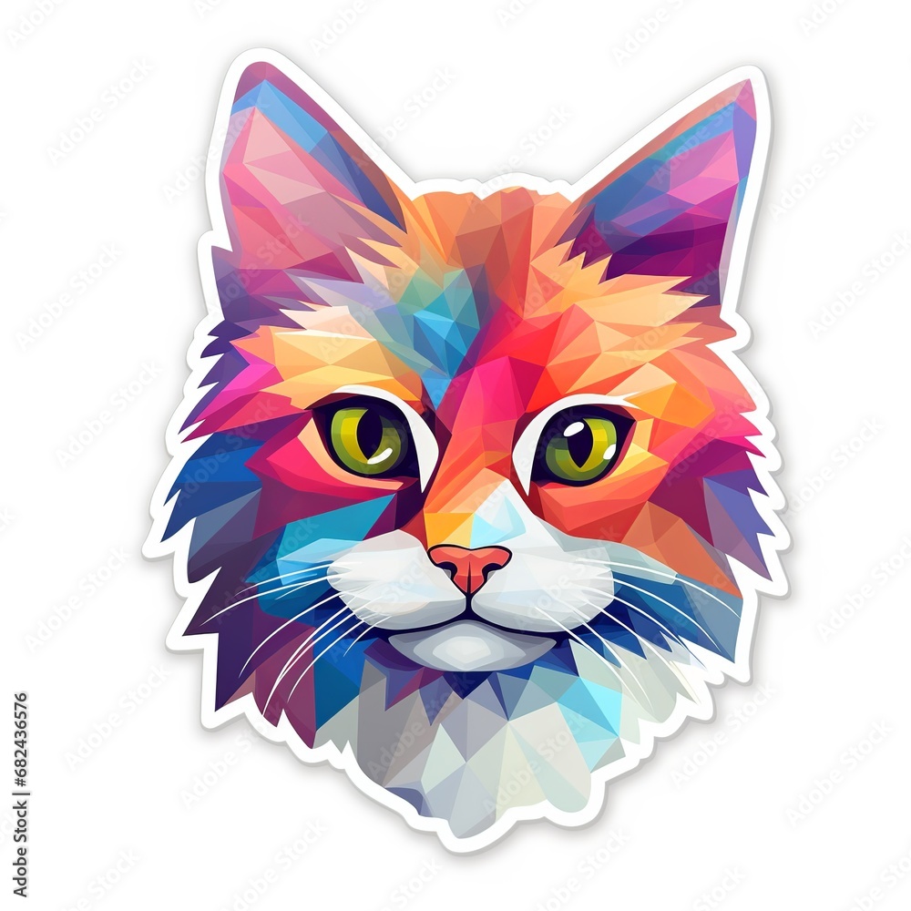 cute cat, Sticker, Adorable, Tertiary Color, Geometric, Contour, Vector, White Background