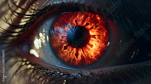 Beautiful close-up human eye with reflections of an explosion, bright light and fire