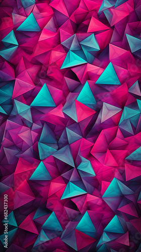 A geometric pattern of teal and magenta triangles photo