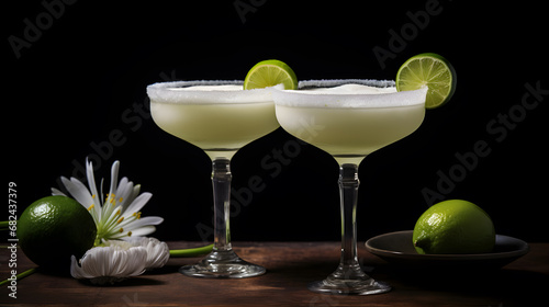 Boozy Refreshing Classic Margarita Cocktail with Salt and Lime on dark background. Alcoholic summer drink