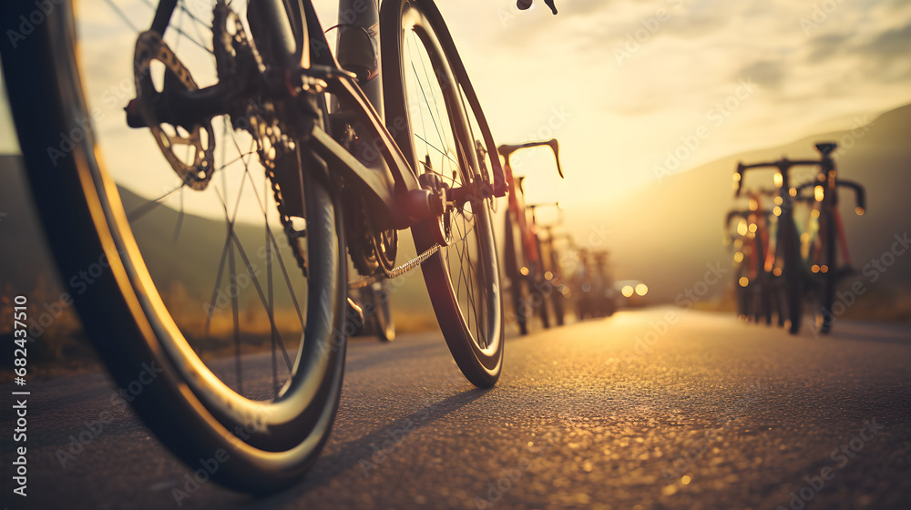Close up group of cyclists with professional racing sports gear riding on an open road cycling route Close up group of cyclists with professional racing sports gear riding on an open road cycling route