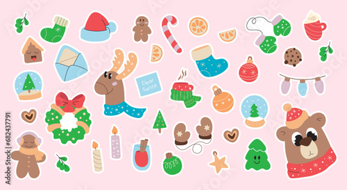 Merry Christmas and Happy New year sticker pack collection in y2k style. Trendy retro cartoon objects, Christmas tree, coffee, gingerbread, bear, kawaii characters. Vector