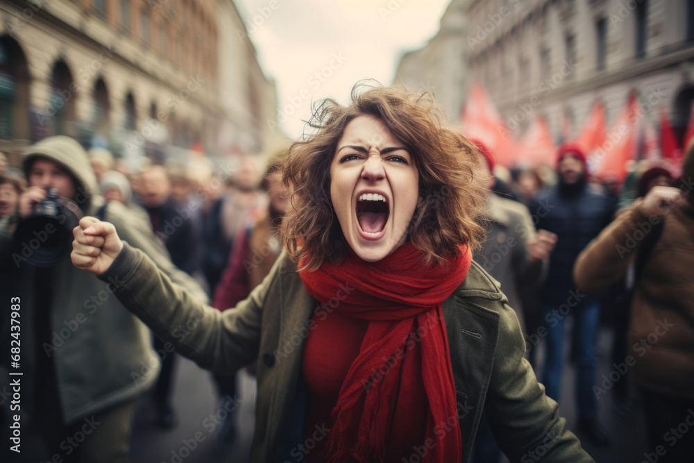 Young woman yelling and shouting in a crowd of protesters. Activists protesting on the street. People publicly demonstrating opposition. Gloomy city scenery. - obrazy, fototapety, plakaty 