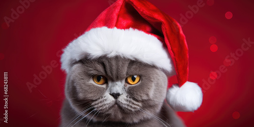 Grey cat dressed in Santa Claus hat, on red background, copy space