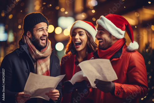 Three cheerful friends doing door-to-door carol singing on Christmas eve. Group of young people caroling on the street during festive holidays. Traditional Christmas activities. photo