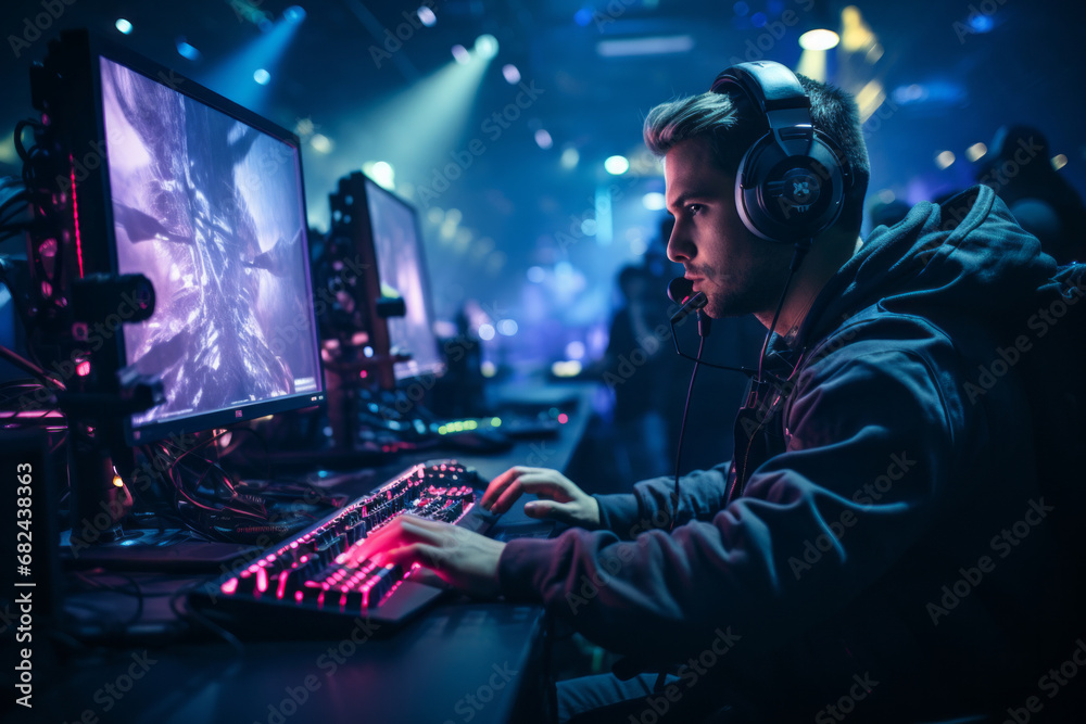 Professional e-sports player at an online game tournament. The cyber team plays computers. Cybersports. Professional e-sports player at an online game tournament. The cyber team plays computers. Cybersports.