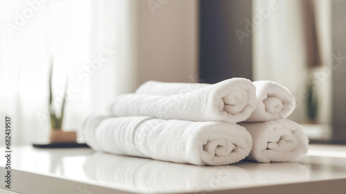 Rolled white towels on a white table with copy space