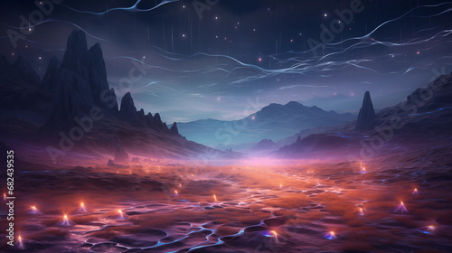 Quantum Neural Trails: Create an ethereal scene with quantum-like trails, portraying neural signals traveling at the speed of thought in a surreal landscape