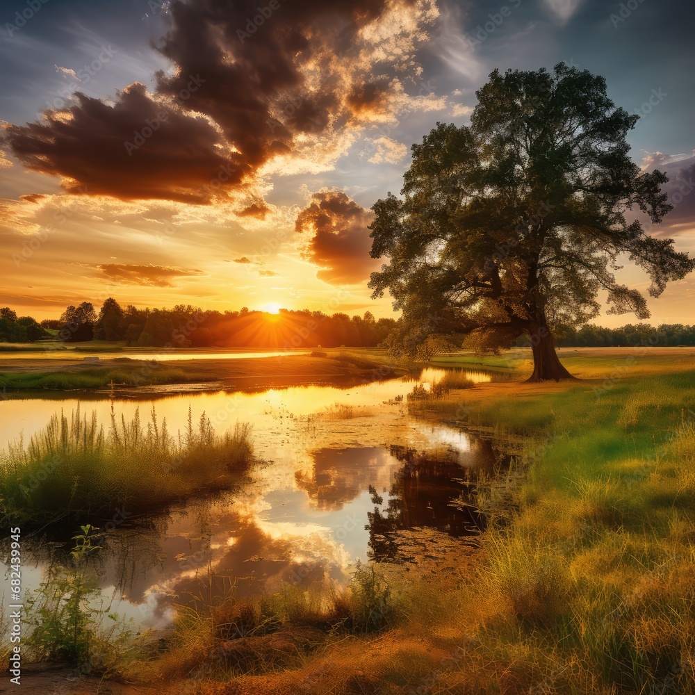 Peaceful countryside with lake