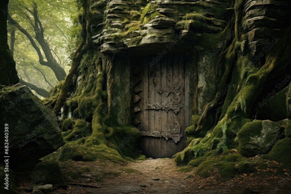 A door hidden in the middle of a mossy forest. Perfect for adding an element of mystery and enchantment to your designs. A door hidden in the middle of a mossy forest. Perfect for adding an element of mystery and enchantment to your designs.