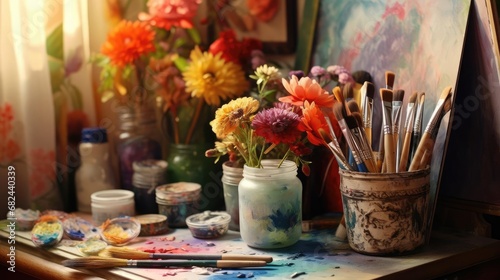 Artist s table with brushes and paints