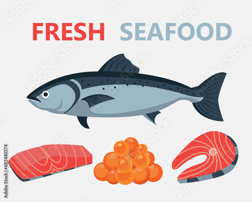 Salmon whole red fish, caviar, raw steaks and fillet realistic, Seafood meal, vector illustration