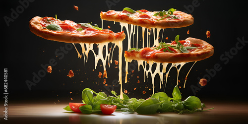 A 3d image of pizza Slice of pizza. High-resolution top view tasty cheese pizza sliced and served on dark brown surface.AI Generative photo