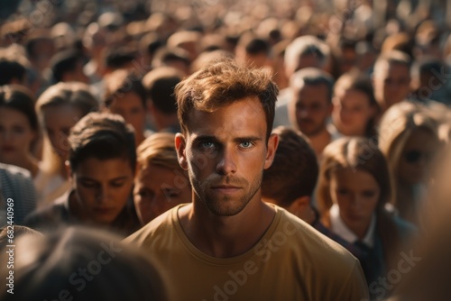A man confidently stands in front of a large crowd. This image can be used to depict leadership, public speaking, or making an impact on an audience. © Ева Поликарпова