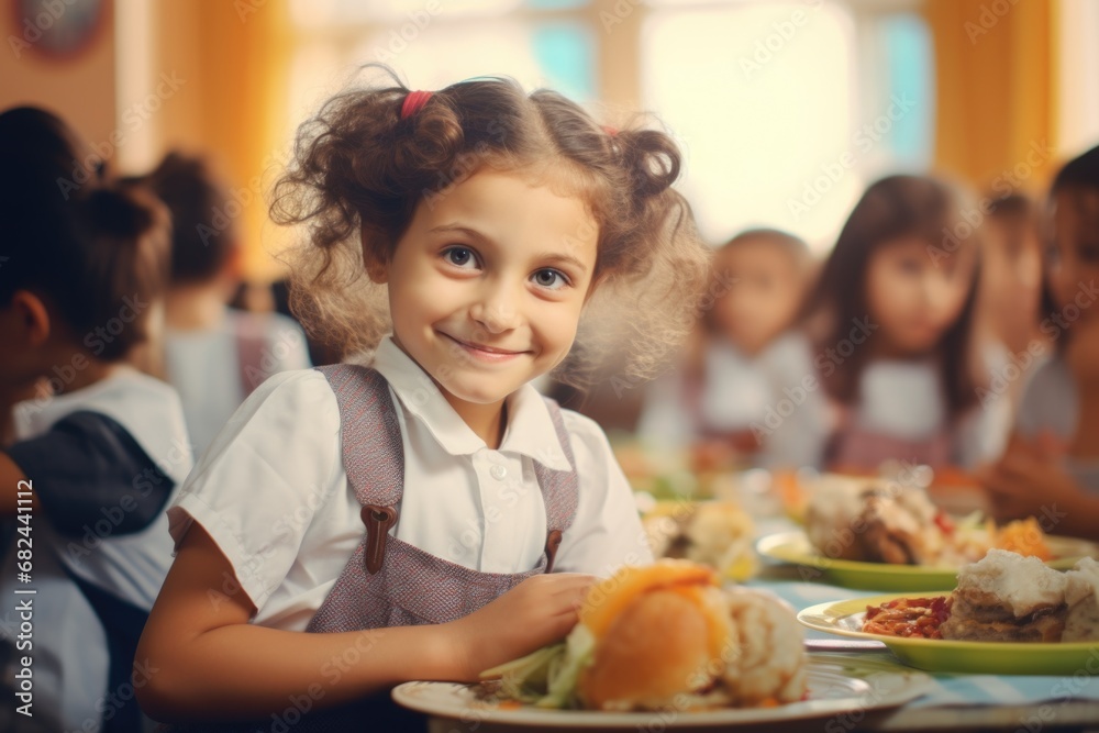 A little girl sits at a table surrounded by plates of delicious food. This image can be used to depict family meals, healthy eating, or children's nutrition. A little girl sits at a table surrounded by plates of delicious food. This image can be used to depict family meals, healthy eating, or children's nutrition.