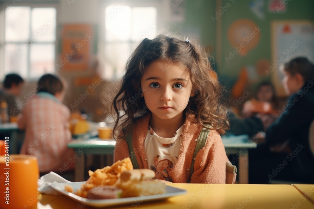 A little girl sitting at a table with a plate of food. This image can be used to depict a child enjoying a meal or to illustrate concepts related to nutrition and childhood.