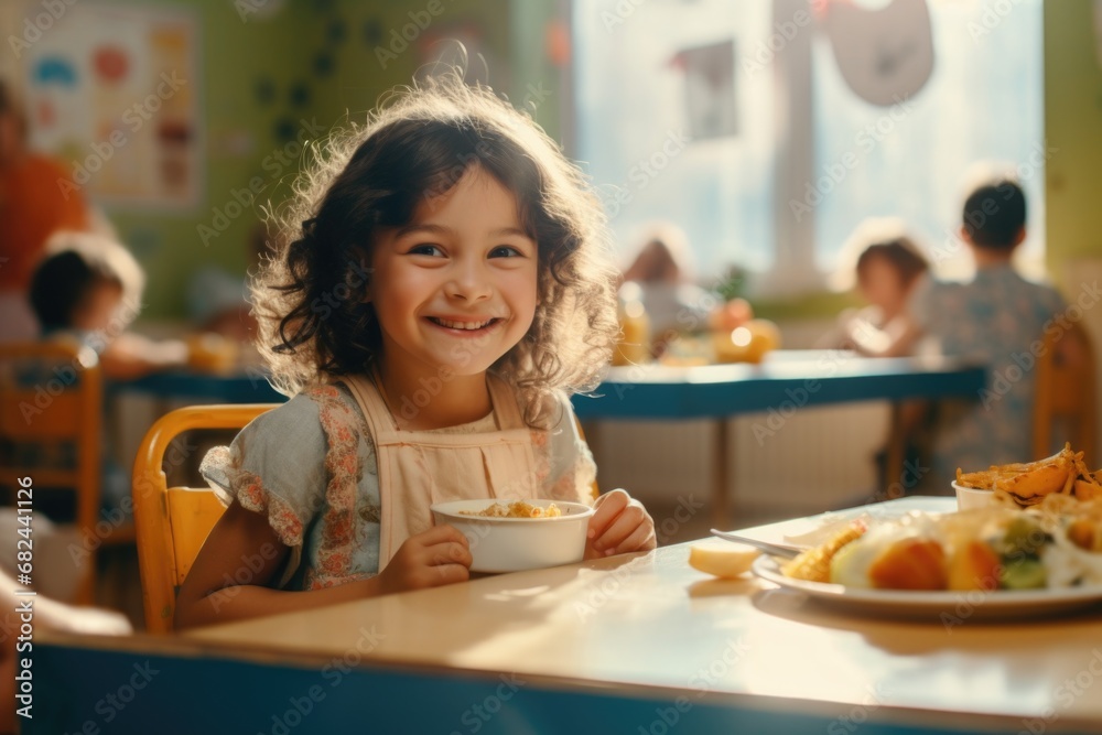 A young girl sitting at a table, enjoying a bowl of food. Perfect for illustrating mealtime, nutrition, and family dining.