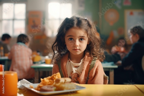 A little girl sitting at a table with a plate of food. This image can be used to depict a child enjoying a meal or to illustrate concepts related to nutrition and childhood. photo