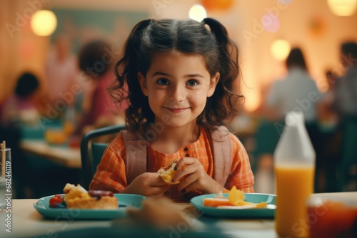 A little girl is sitting at a table with a plate of food. This image can be used to depict mealtime, childhood, or family gatherings. photo