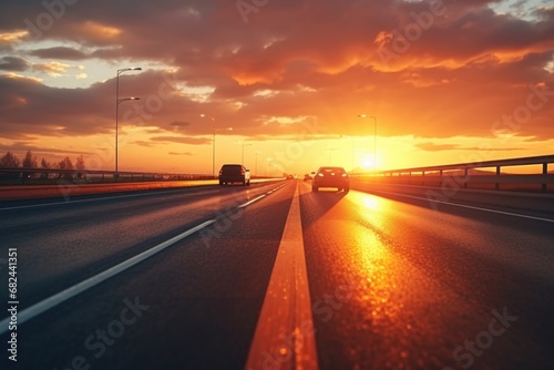 A car is pictured driving down a highway at sunset. This image can be used to represent travel, road trips, adventure, and the beauty of nature during sunset.