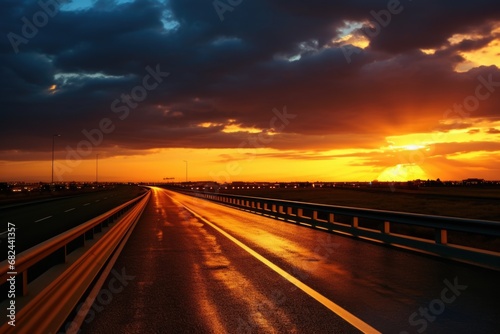 A captivating image of the sun setting over a highway as it passes through the clouds. Perfect for travel, transportation, and nature-themed projects.